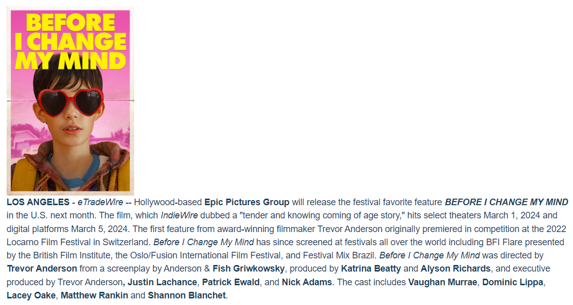 Epic Pictures Group Sets U.S. Release Date for Before I Change My Mind From Award-Winning Filmmaker Trevor Anderson